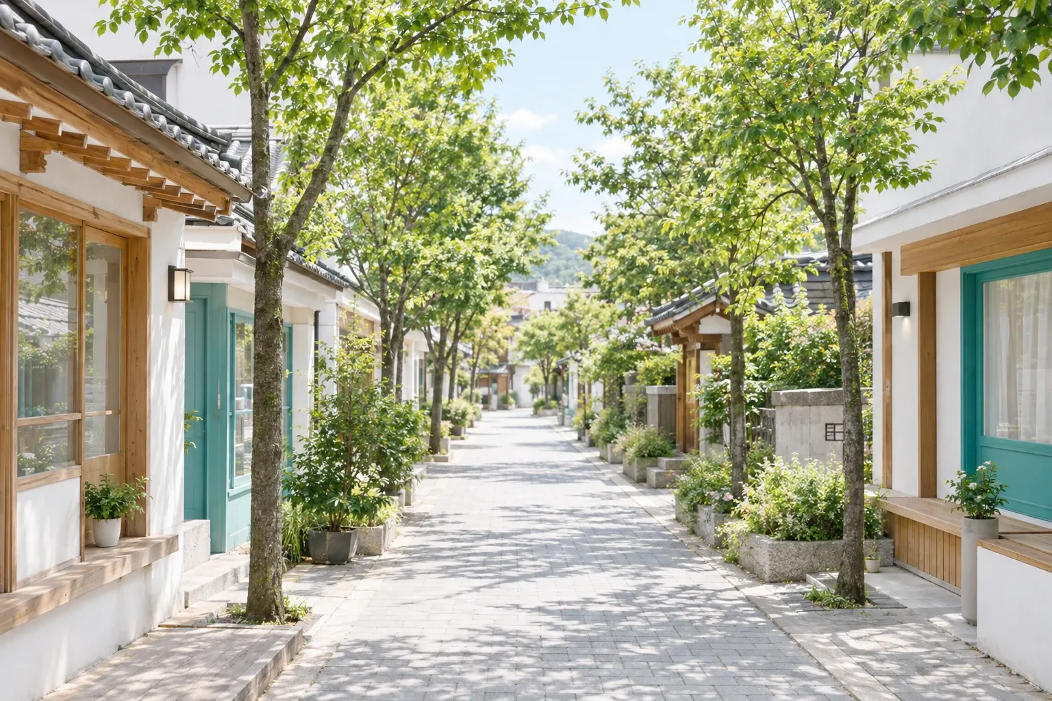 가로수와 낮은 건물이 늘어선 동네 보행로